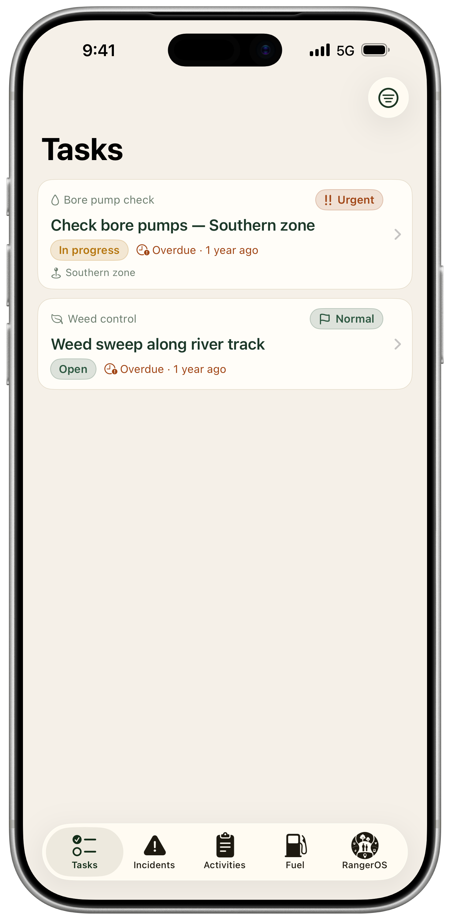 RangerOS Mobile tasks list screen showing assigned field work