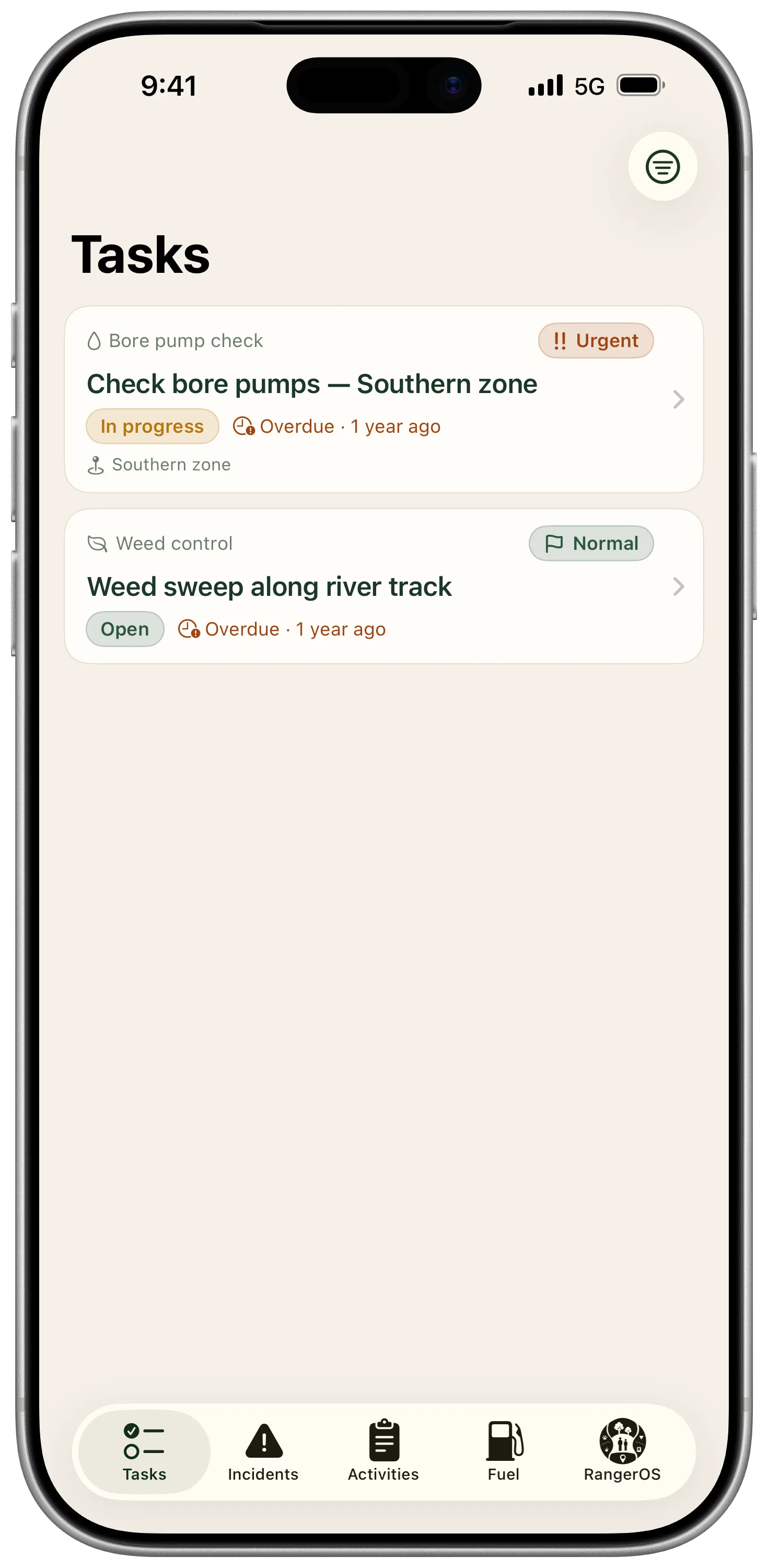 RangerOS Mobile tasks list screen showing assigned field work