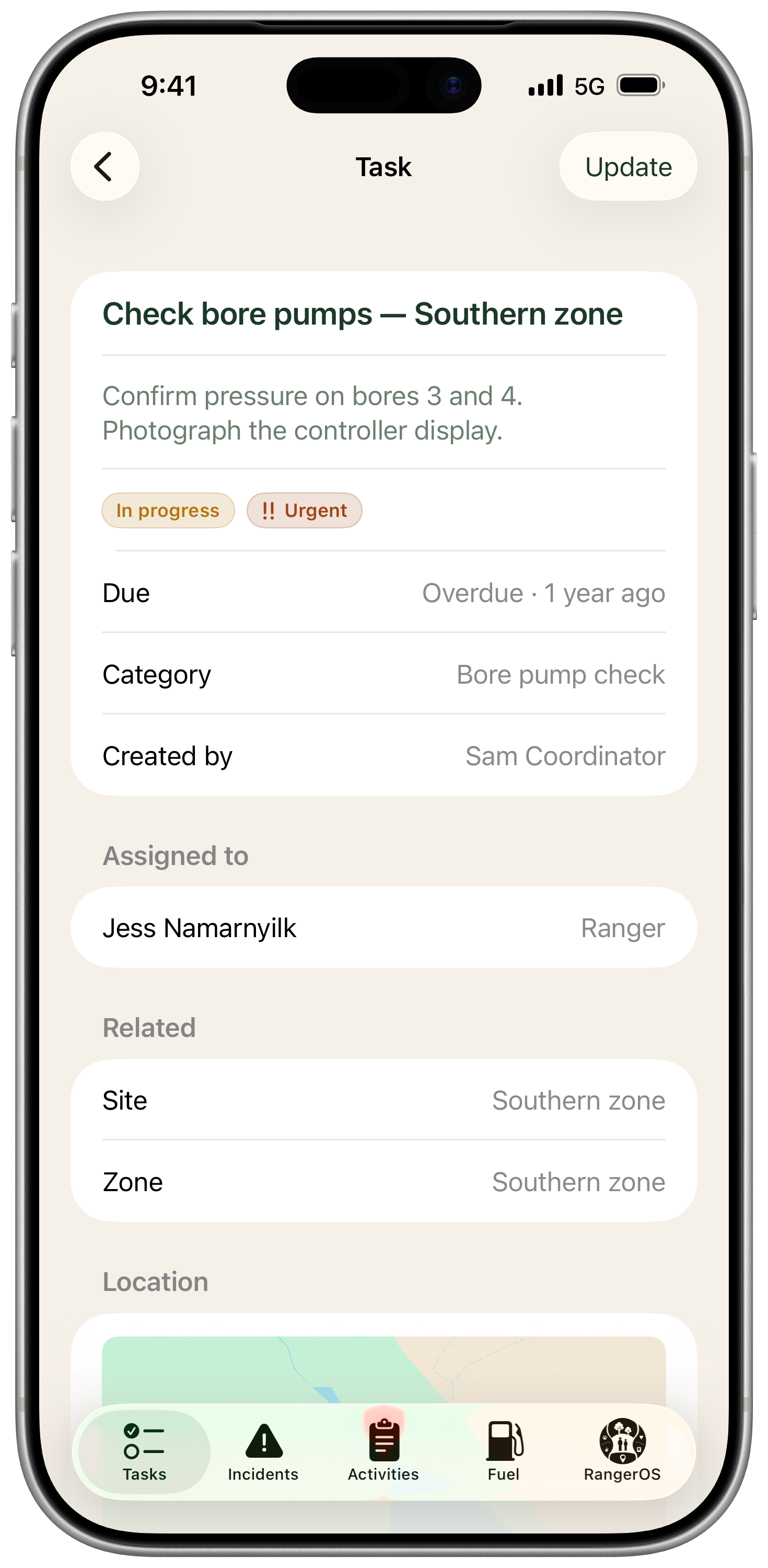 RangerOS Mobile task detail screen with notes, photos and status updates
