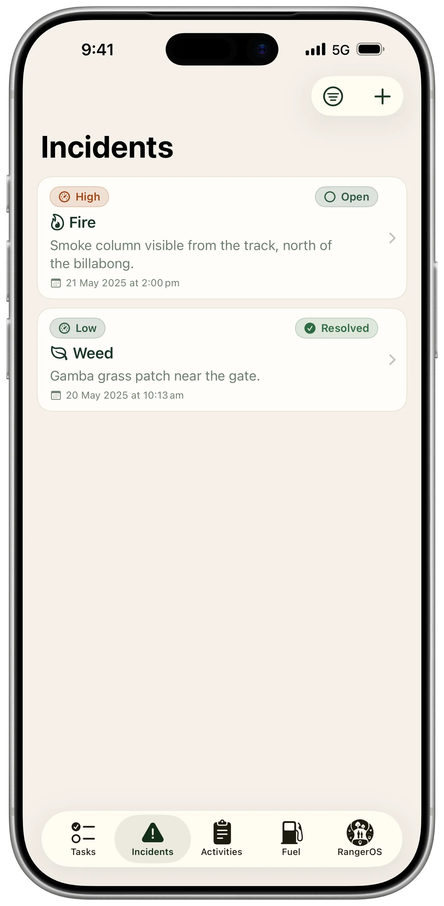 RangerOS Mobile incidents list screen with field incident records
