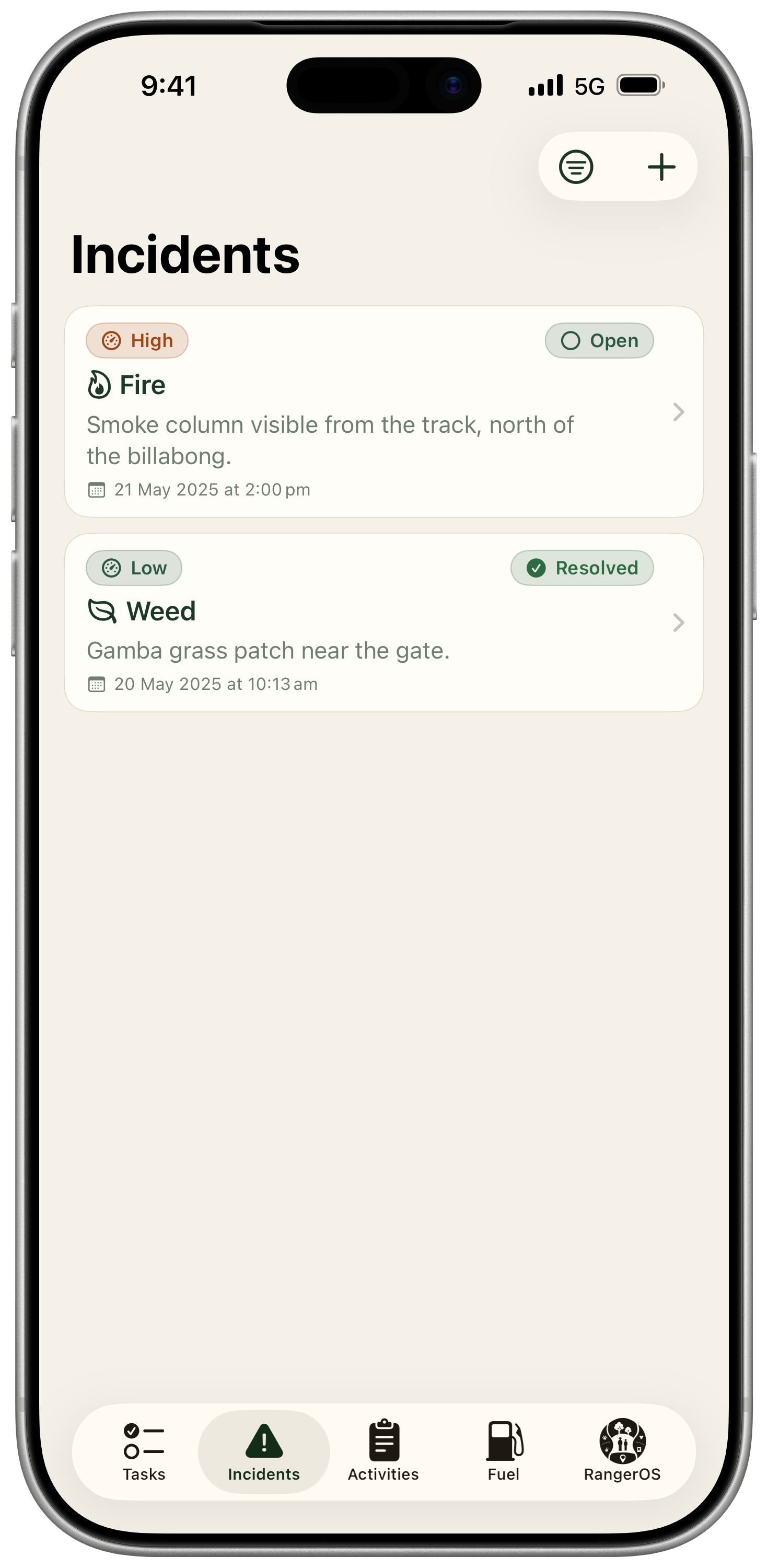 RangerOS Mobile incidents list screen with field incident records
