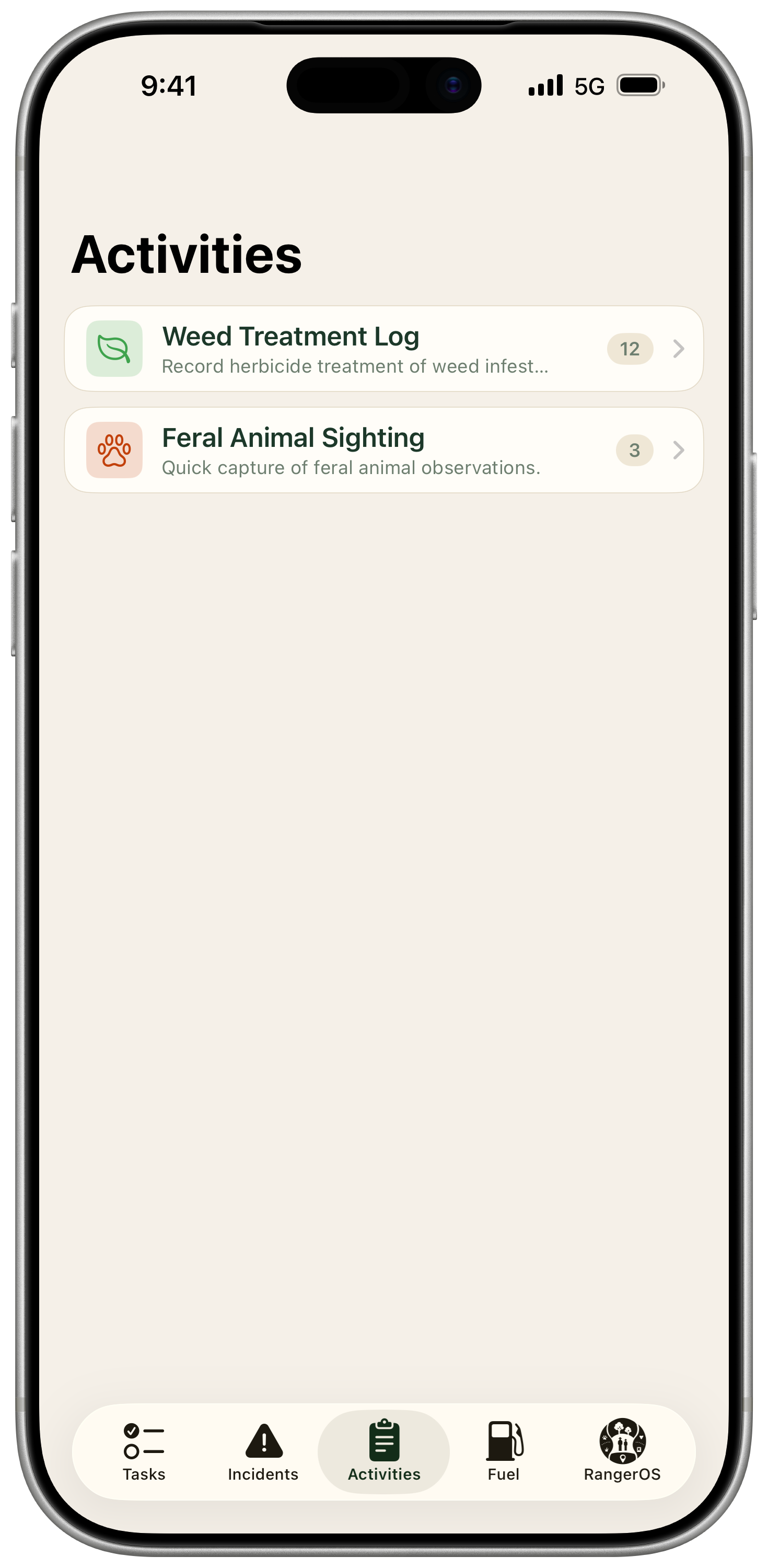 RangerOS Mobile activities screen with field activity templates