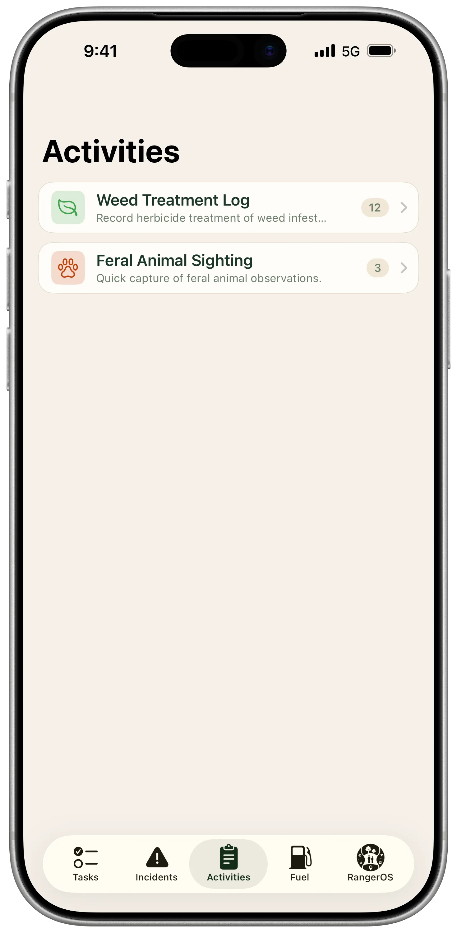 RangerOS Mobile activities screen with field activity templates