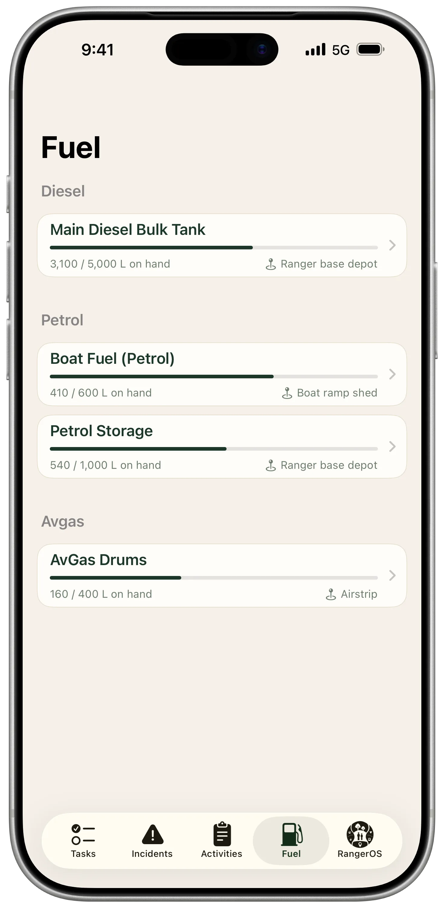 RangerOS Mobile fuel list screen with tank levels and reserve status