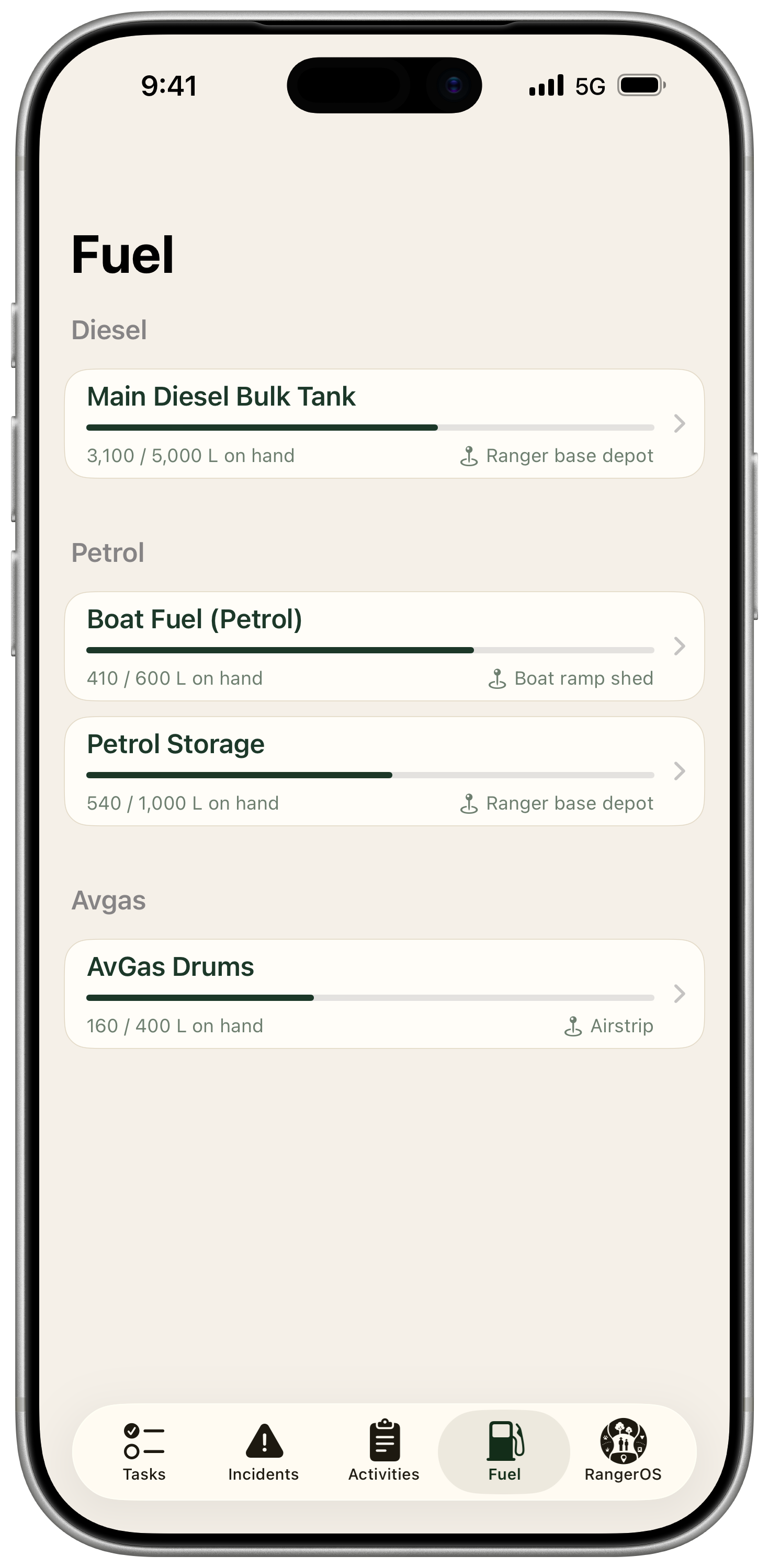 RangerOS Mobile fuel list screen with tank levels and reserve status