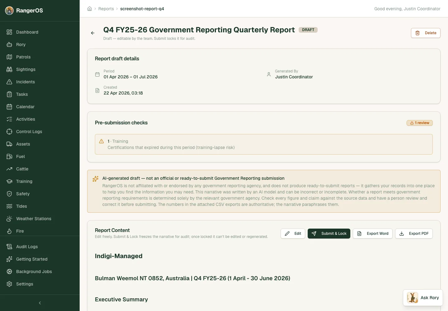 AI generated government report in RangerOS