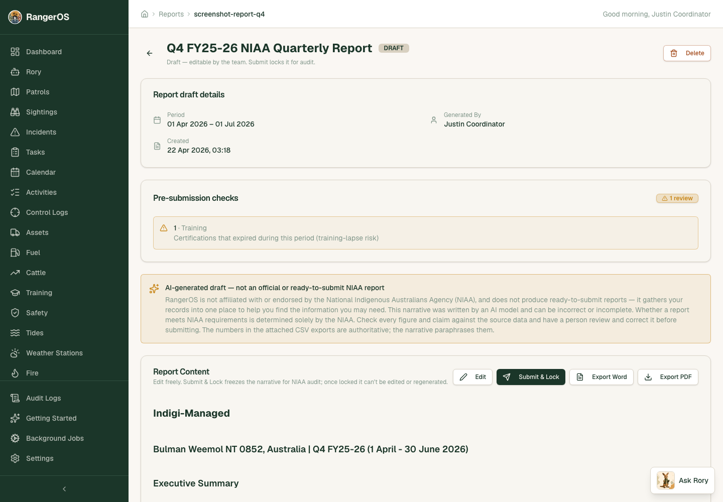 AI generated NIAA report in RangerOS