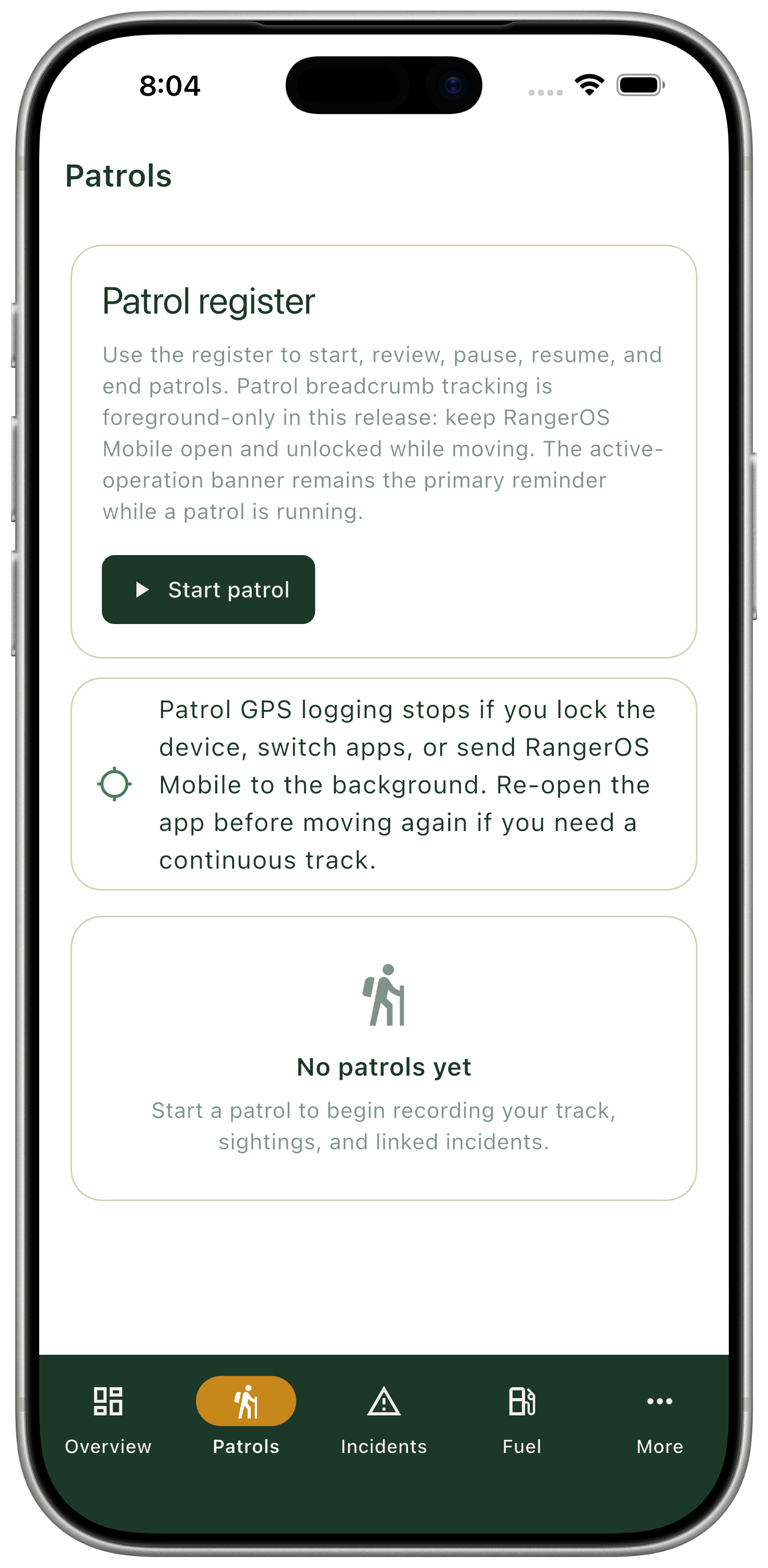 RangerOS Mobile patrol screen