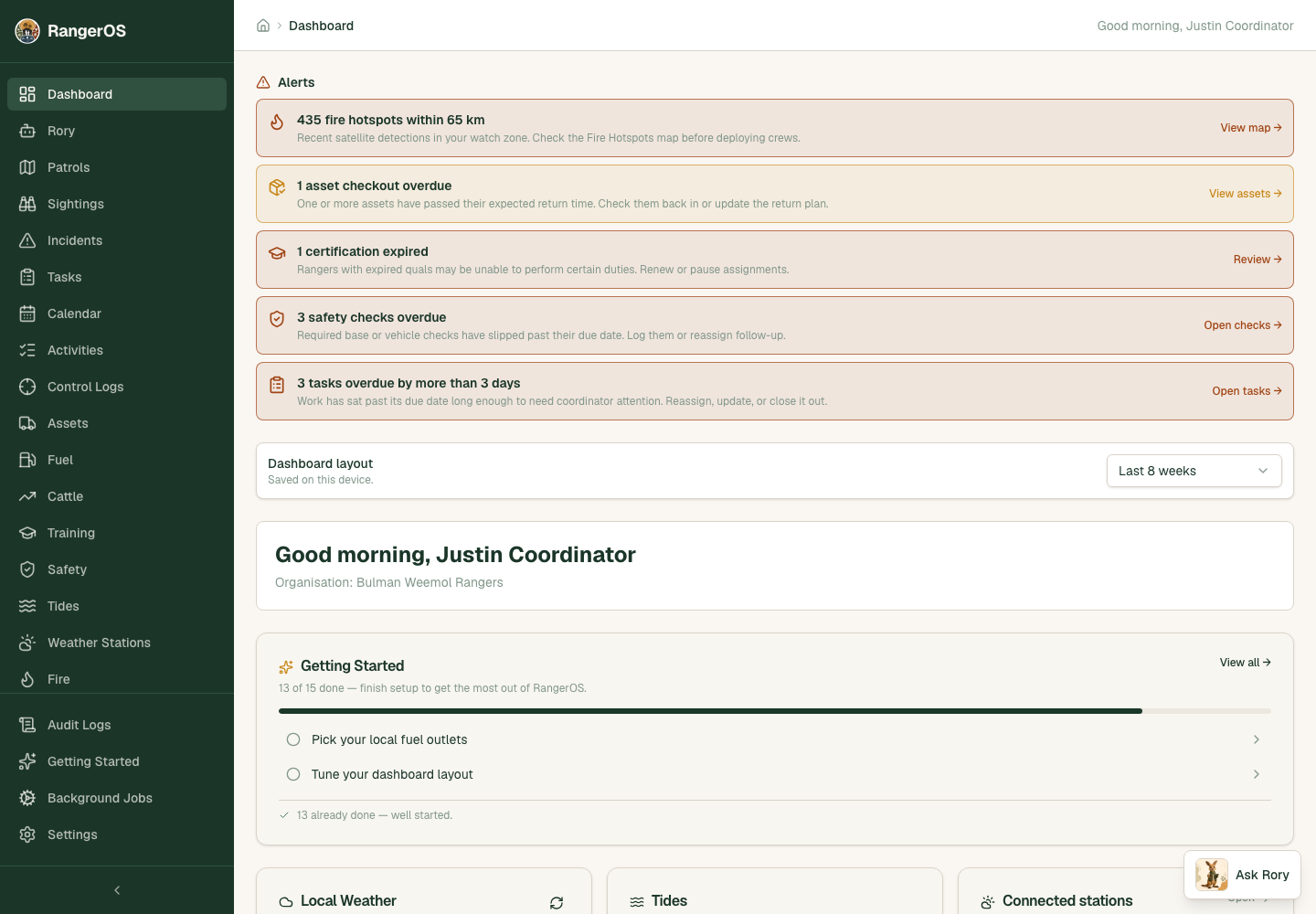 RangerOS dashboard showing alerts, operations and reporting modules