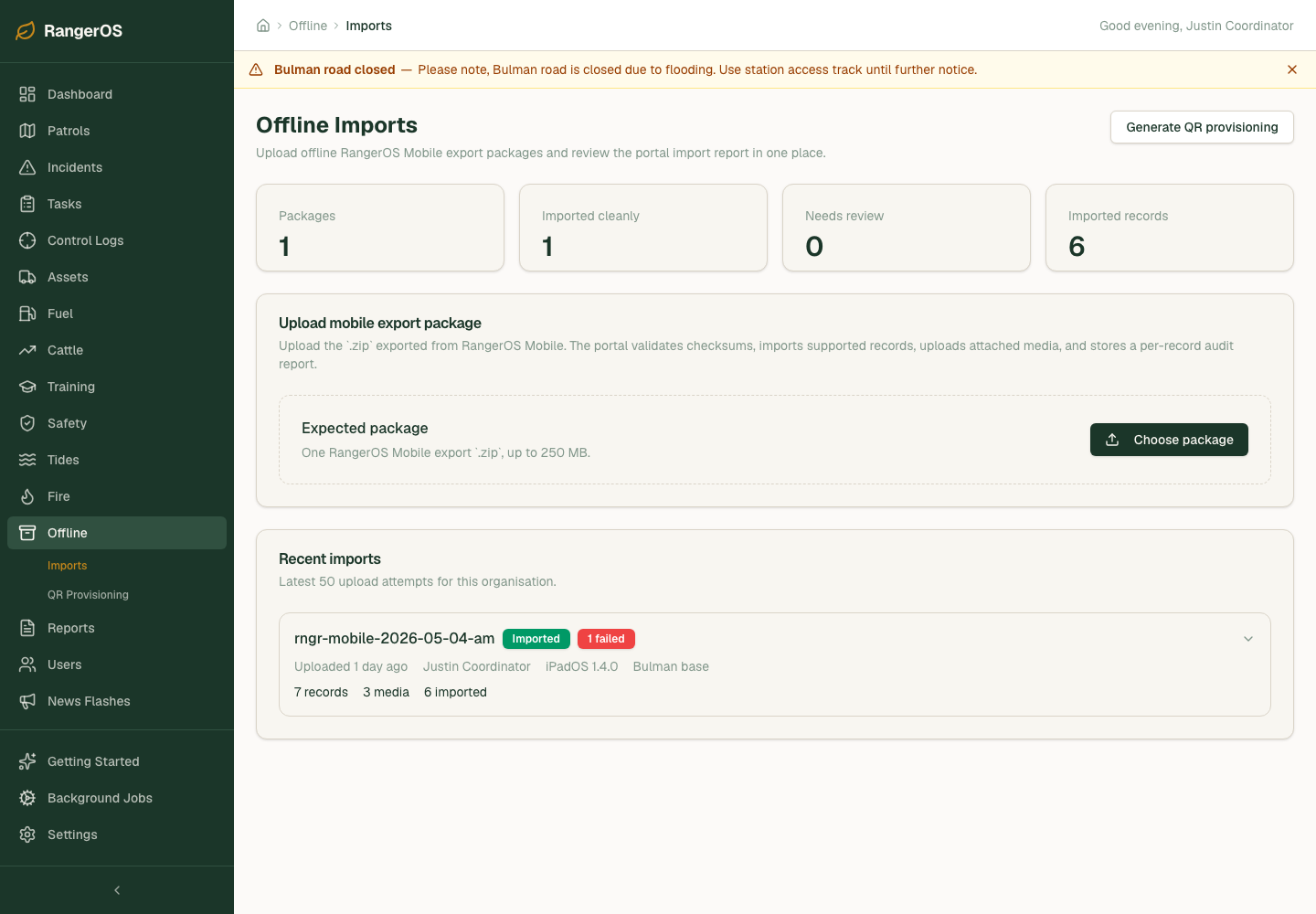 RangerOS offline imports screen for field data captured without signal